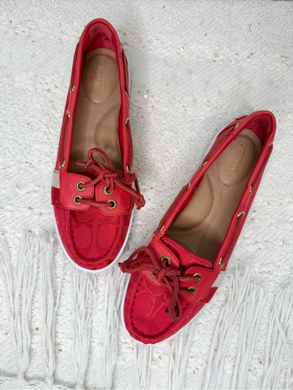 Coach red-orange leather and canvas boat shoe loafers size 8